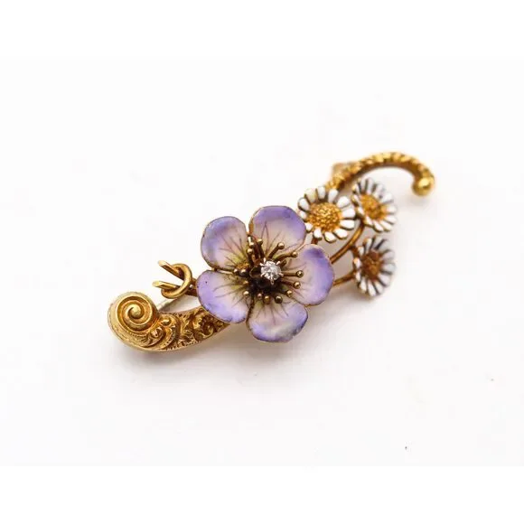 ART NOUVEAU 1900 Edwardian Enameled Flowers Brooch In 18Kt Diamond - Picture 6 of 8